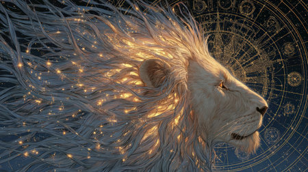 Illustration of a lion symbolizing the zodiac sign Leo, with a luminous mane and celestial elements, set against a starry background filled with astrological symbolsの素材