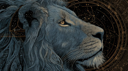 Illustration of a lion, symbolizing the zodiac sign Leo, with detailed features and celestial motifs, set against a dark background filled with astrological symbolsの素材