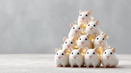A playful display of adorable hamsters arranged in a pyramid shape, adorned with decorative lights, against a soft gray backgroundの素材