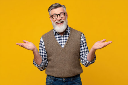 Elderly man with a beard and glasses smiles widely, dressed in a checkered shirt and vest, with arms raised in a friendly manner against a yellow backdropの素材
