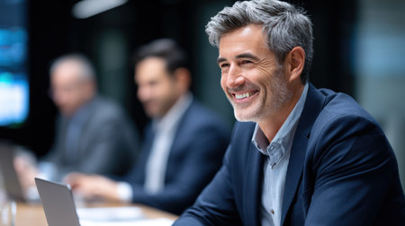 Business development manager with gray hair smiles at a conference table, laptops in front, colleagues slightly blurred in the background during a professional meetingの素材