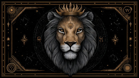 Detailed illustration of a lion adorned with a crown and celestial symbols, surrounded by intricate designs on a dark mystical backgroundの素材