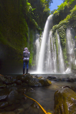 Sendeng Giler Waterfall, Lombok, Indonesia, Southeast Asiaの写真素材