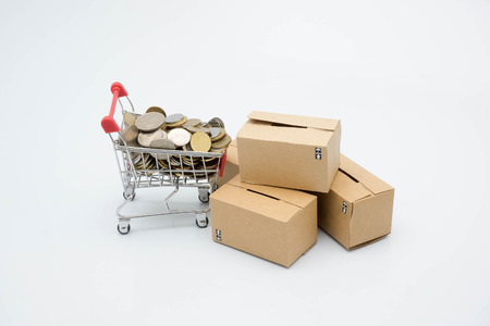 concept of shopping, trolley, coin and checkboxesの写真素材