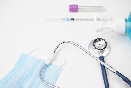 The concept of personal hygiene from virus outbreaks, stethoscopes, masks, sanitizers and other equipment.の写真素材