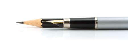 Ofiice suplies - foutain pen and black pencil on a white background