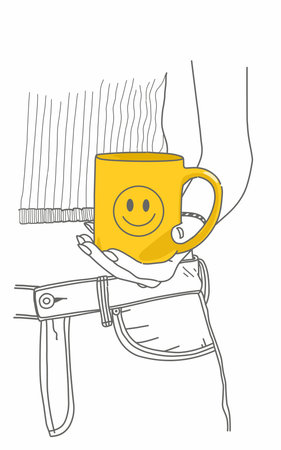 Illustration of a yellow mug with a happy emoticon. Women hold a mug line artのイラスト素材