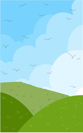 Green meadow with seagulls and blue sky. Nature Vertical view backgroundのイラスト素材