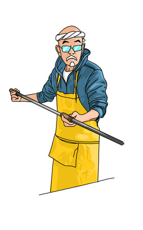 Illustration of a bald old Japanese man with glasses holding a cooking stickのイラスト素材