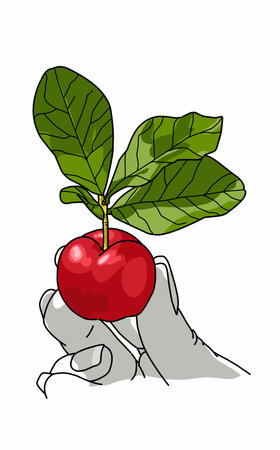 Illustration of small red fruit held in hand issolated on whiteのイラスト素材