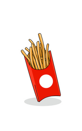 French fries in a red box packaging on a white background. Vector illustration