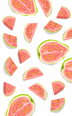 Pink guava slices and slices are arranged on a white backgroundのイラスト素材