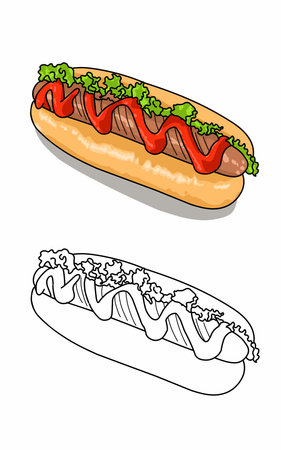 Kids book coloring pages for hot dogs and hamburgers issolated on whiteのイラスト素材