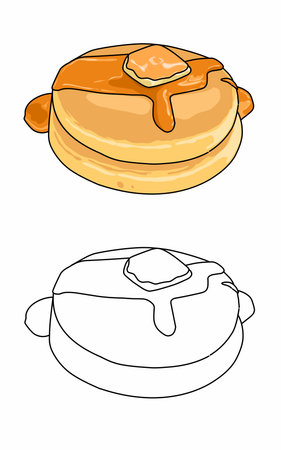 Fresh honey pancakes cartoon coloring pages for kids. Food doodleのイラスト素材