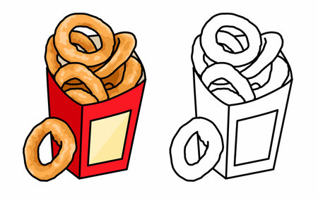 Mockup Onion ring in a red box coloring page. Fast foodのイラスト素材
