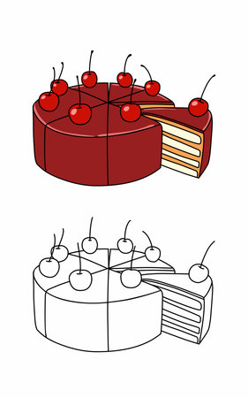 a piece of Chocolate melt cake with cherries on it drawing coloring pageのイラスト素材