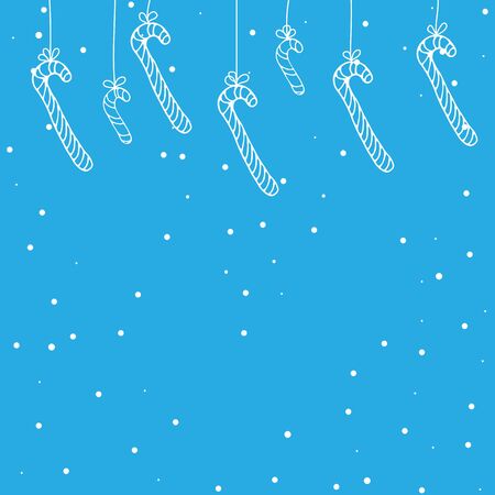 Caramel hanging on threads. Blue background with snowflakes. Festive background decoration. Vector holiday illustration. Winter holiday decor. Merry Christmas.のイラスト素材