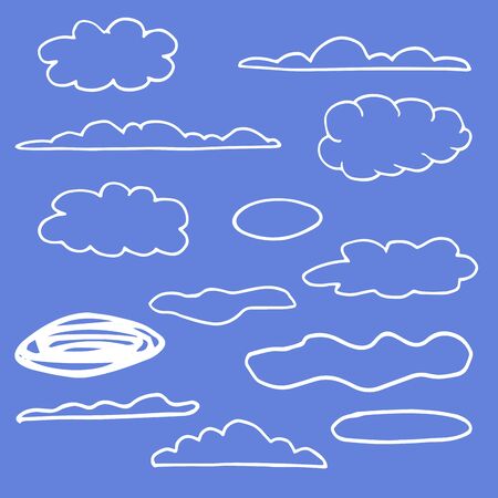 Set of clouds on a blue background. Outlines of clouds in cartoon style, hand-drawn. Vector sky set for design. Collection of meteorological icons.のイラスト素材