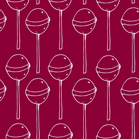 Round lollipop pattern vector seamless pink repeat for any use. Purple background with white outline of candy for design.のイラスト素材