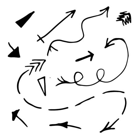 Hand drawn arrow set, collection of black direction pencil sketch symbols, vector illustration graphic design elementsのイラスト素材