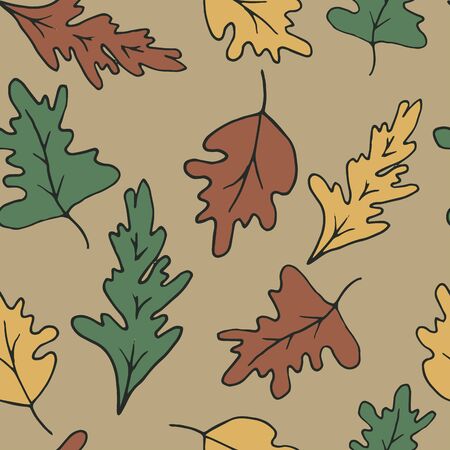 Seamless background with yellow and orange oak leaves. Autumn background for design. Dark pattern with leaves.のイラスト素材