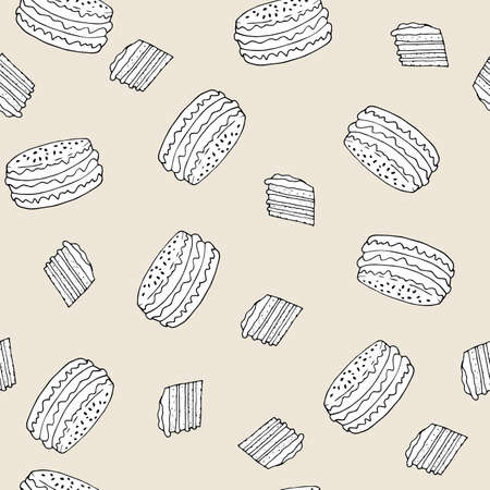 Cake seamless pattern. Candy and other sweets. Hand drawn illustration. Piece. Bakery desserts wallpaper with cream and berries. Celebration design.のイラスト素材
