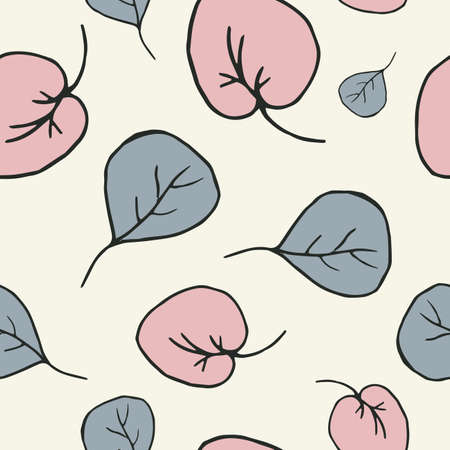 Leaves hand-drawn color vector seamless pattern. Cartoon flyer flat illustration. Decorative...