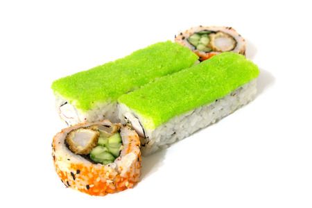 green roll with crab and avocado on a white backgroundの写真素材