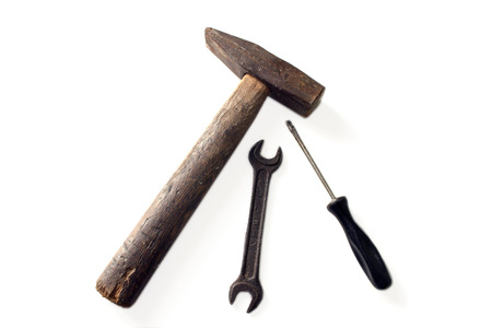 hammer and wrench on a white backgroundの写真素材