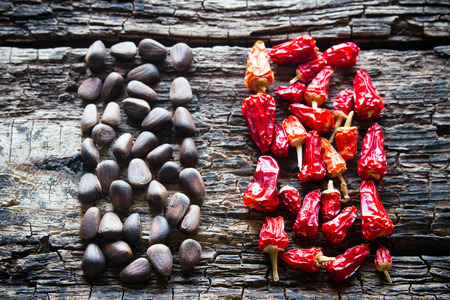 the figure of the pine nuts and red pepper dry on a wooden backgroundの写真素材