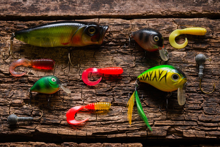 bait to catch fish on a wooden backgroundの写真素材