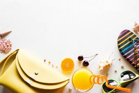beach accessories on a white background with a copy spaceの写真素材