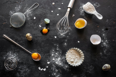 flour, chicken and quail eggs, shape and utensils for baking on a black background