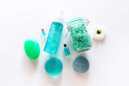 soap, cream, bath salt - home made organic cosmetics on white backgroundの写真素材