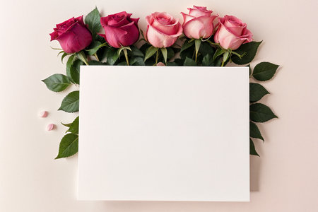 blank letter postcard mockup on rose flowers light backgroundの写真素材