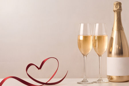 valentine's day, two glasses of champagne, red heart ribbon with space for text on a light backgroundの素材