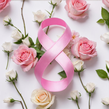 number eight made from pink ribbon on a background of flowers, March 8の素材