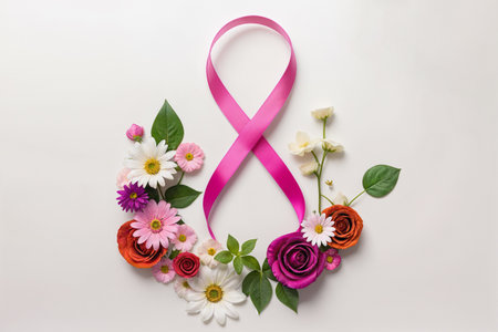 international women's day, march 8, pink ribbon and flower patternの素材