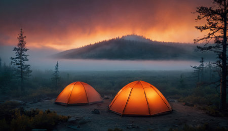two glowing orange tourist tents on the background of a foggy forest, concept tourism, travelの素材