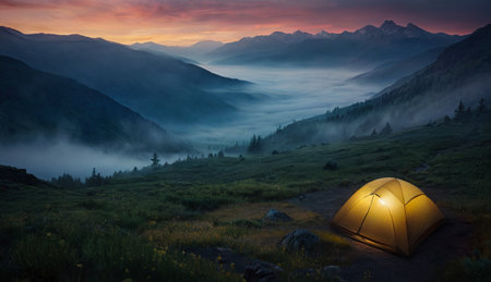 camping tent against the backdrop of mountains, fog and sunsetの素材