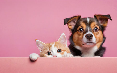 cat and dog, love your pet day, banner, greeting card, social media, pink backgroundの素材