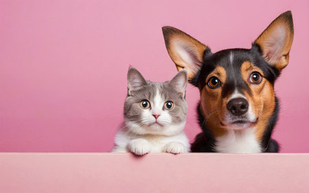 cat and dog, love your pet day, banner, greeting card, social media, pink backgroundの素材