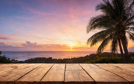 wooden empty table at sunset with ocean and palm trees viewの素材