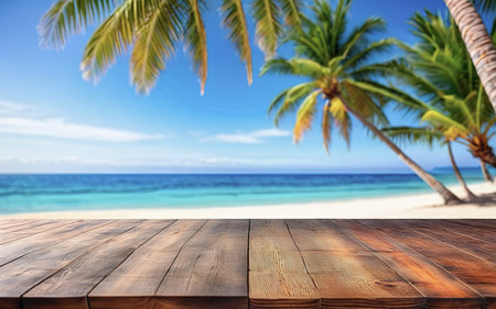 wooden empty table on the beach under a palm tree with an ocean viewの素材