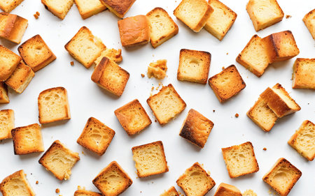 crackers, crumbs toasted white bread croutons on a white backgroundの素材