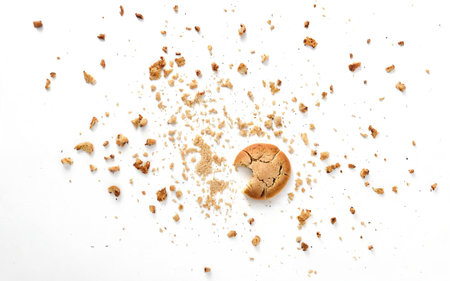scattered crumbs of cookies on a white background closeupの素材