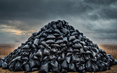 black bags of garbage in a landfill in a field, environmental pollutionの素材