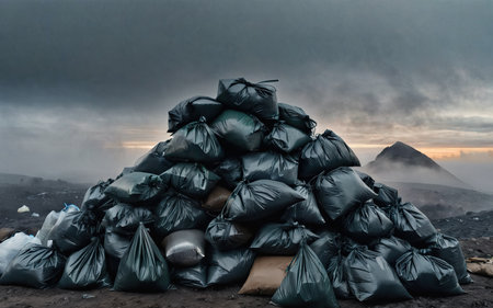 garbage in black bags on a smoking landfill, garbage burning, environmental pollutionの素材