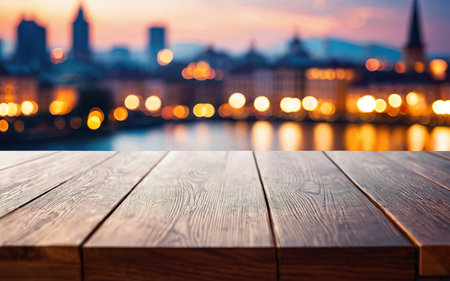 empty wooden table mockup on bokeh city backgroundの素材