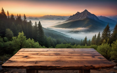 empty wooden table on a background of mountains and sunsetの素材